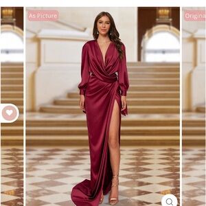 Crossover V-Neck Long Sleeves Ruched Wrap Evening Dresses with Split Side